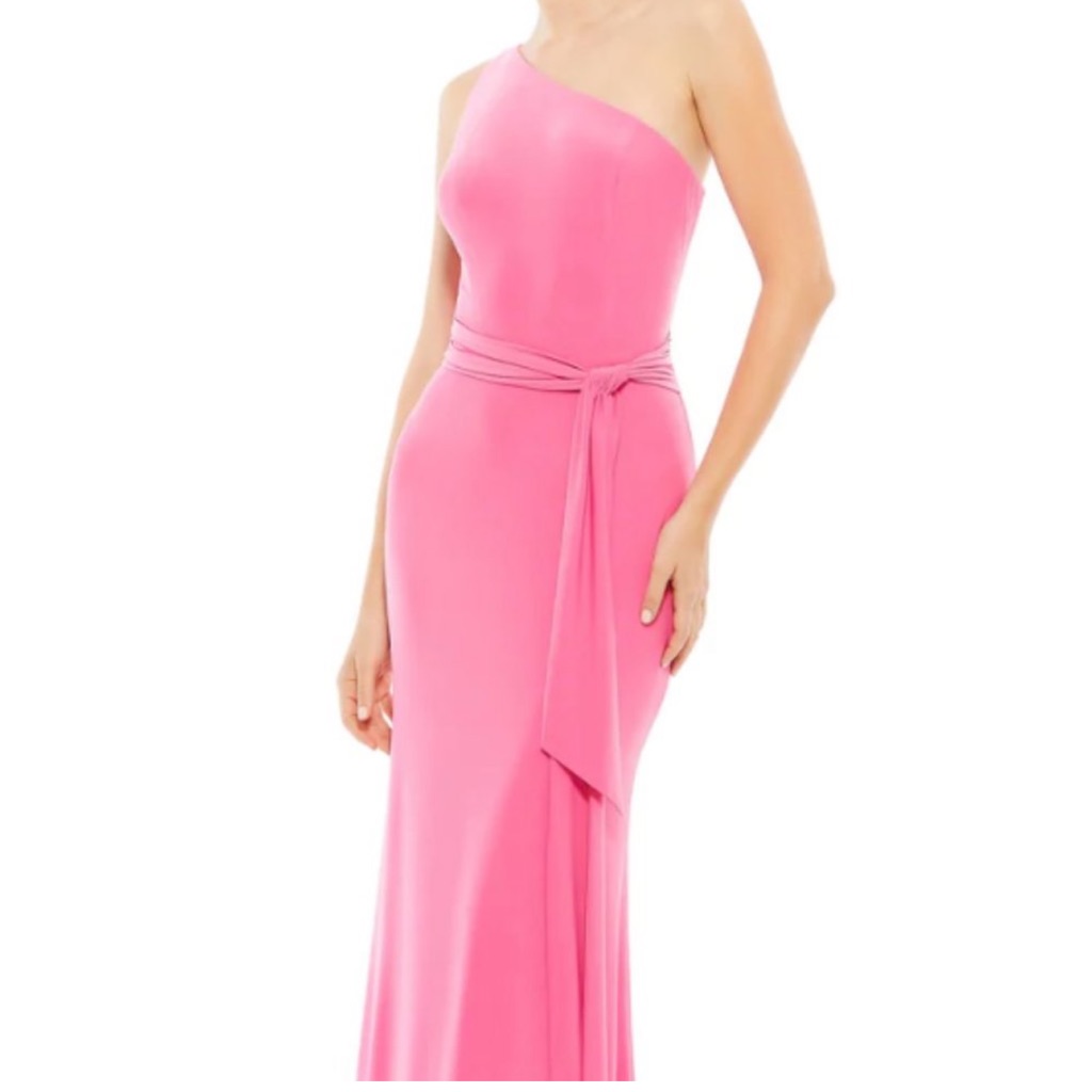 Mac Duggal 26581 Stretch Jersey One Shoulder Belted Trumpet Candy Pink Gown